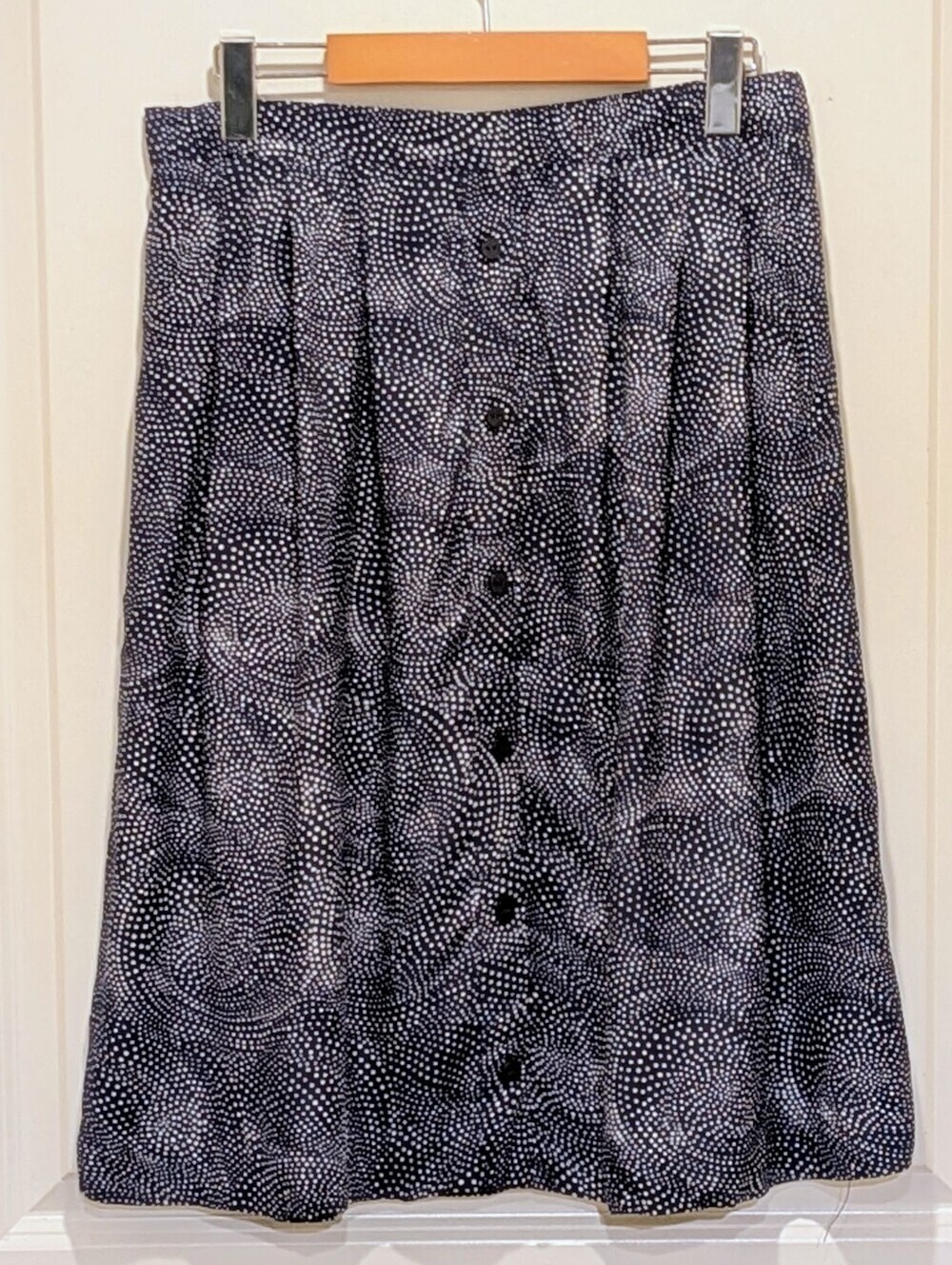 EUC 90s Marks & Spencer 8 Navy Blue Polka Dot Swirls Viscose Button Front Skirt